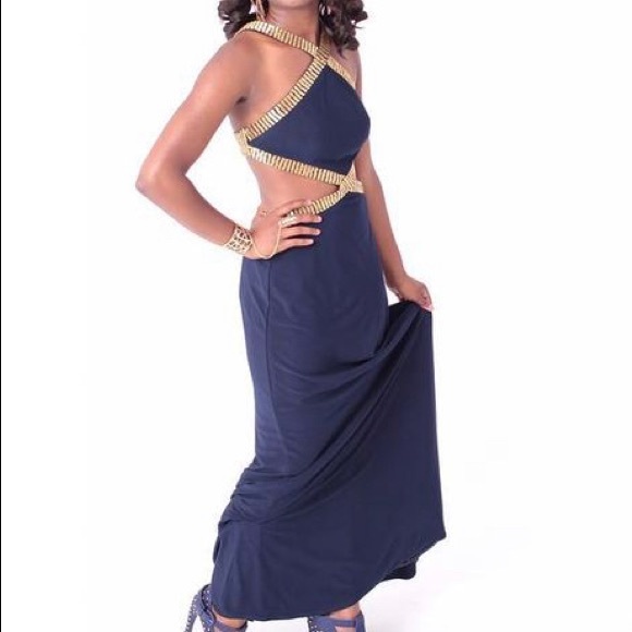 Blue open back dress with gold detailing - Picture 1 of 2